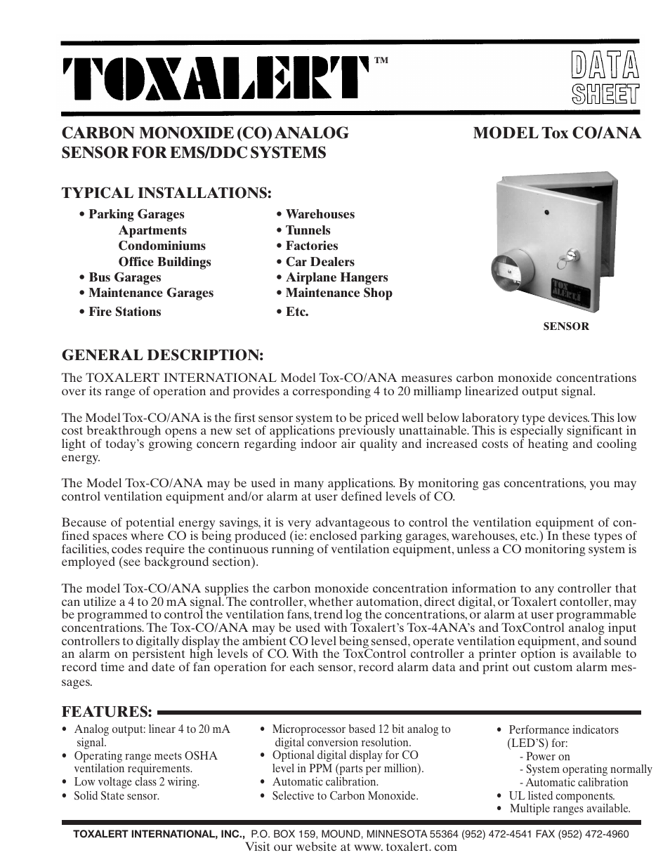 Toxalert Tox-CO/ANA User Manual | 4 pages