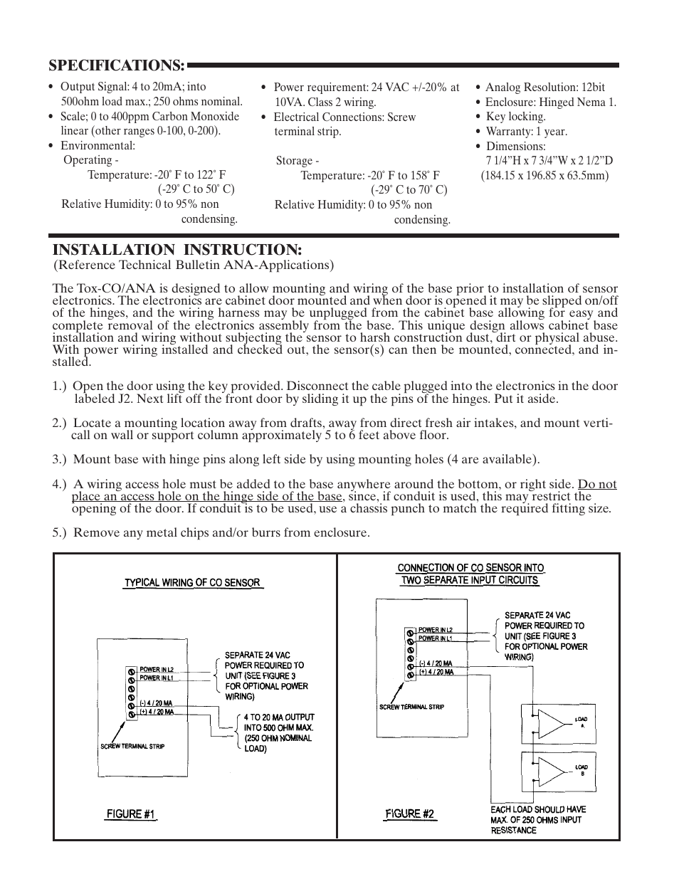 Specifications, Installation instruction | Toxalert Tox-CO/ANA User Manual | Page 3 / 4