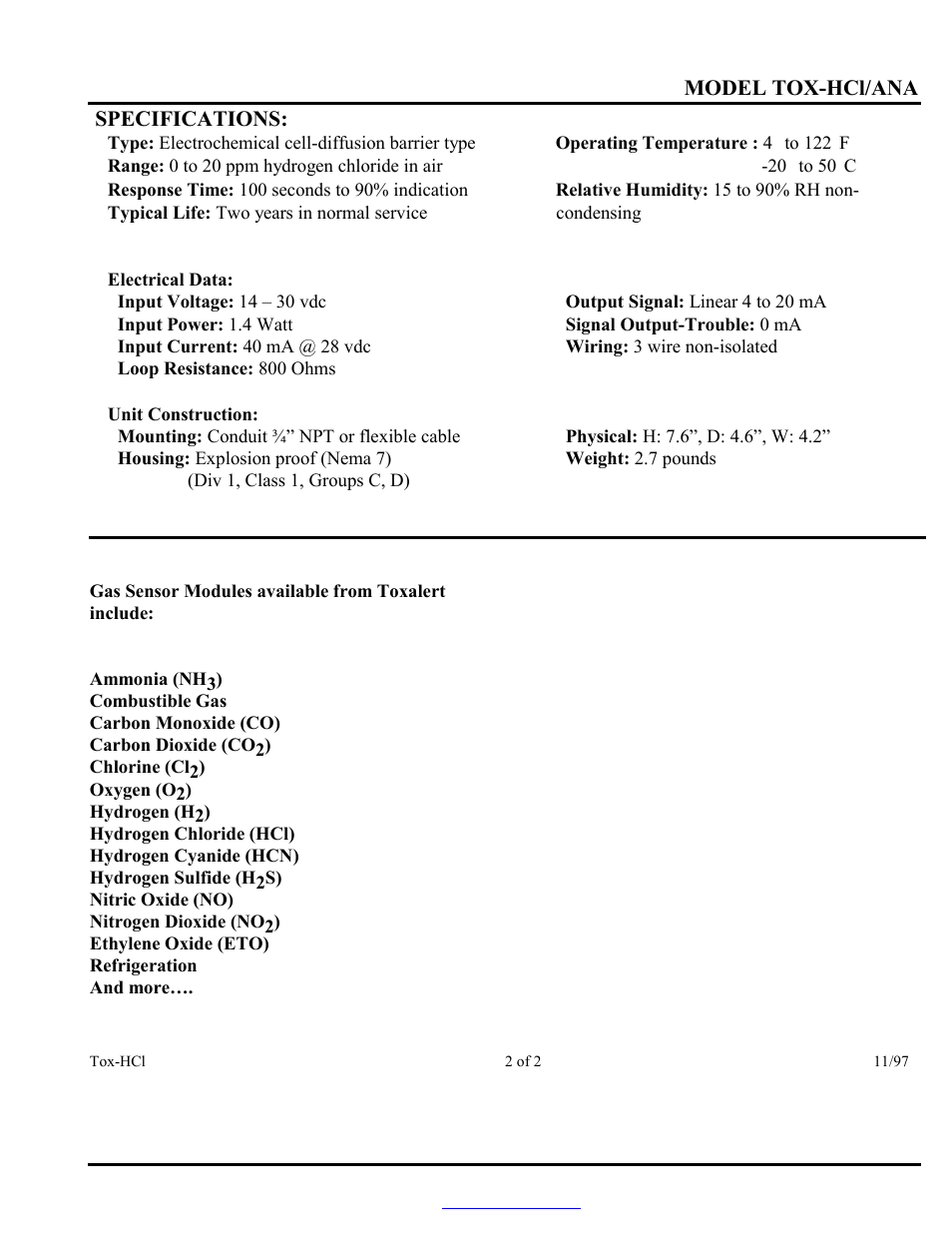 Toxalert Tox-HCI/ANA User Manual | Page 2 / 2
