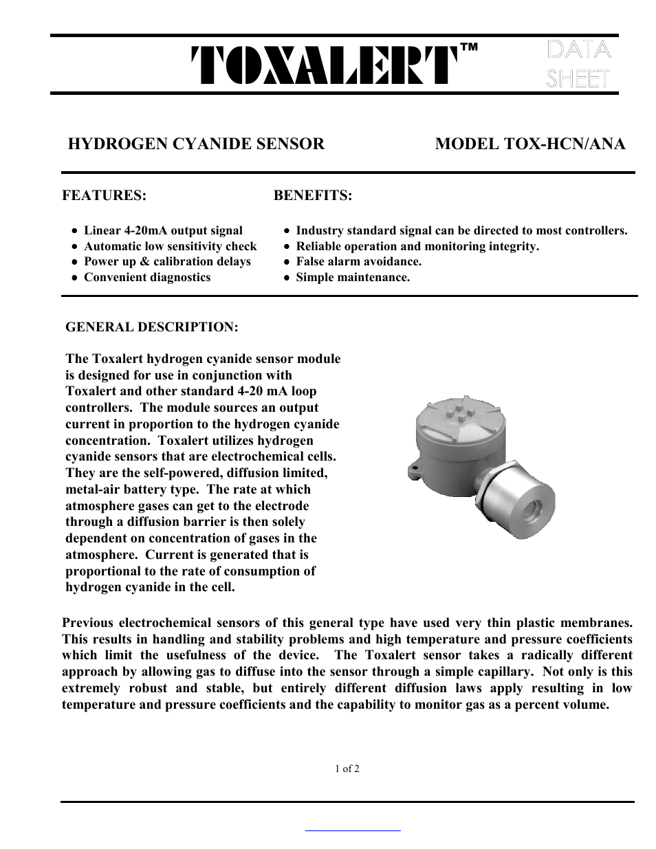 Toxalert Tox-HCN/ANA User Manual | 2 pages