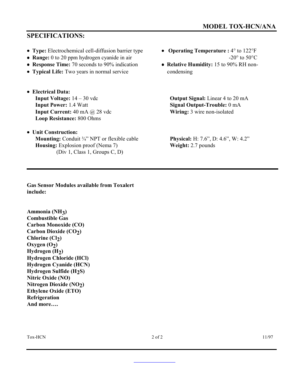 Model tox-hcn/ana specifications | Toxalert Tox-HCN/ANA User Manual | Page 2 / 2