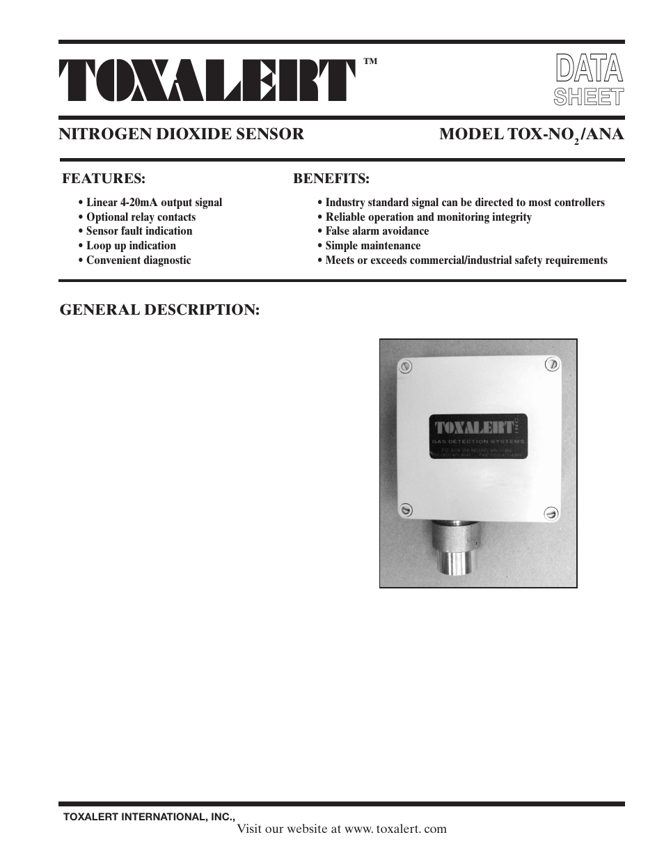 Toxalert Tox-NO2/ANA User Manual | 2 pages