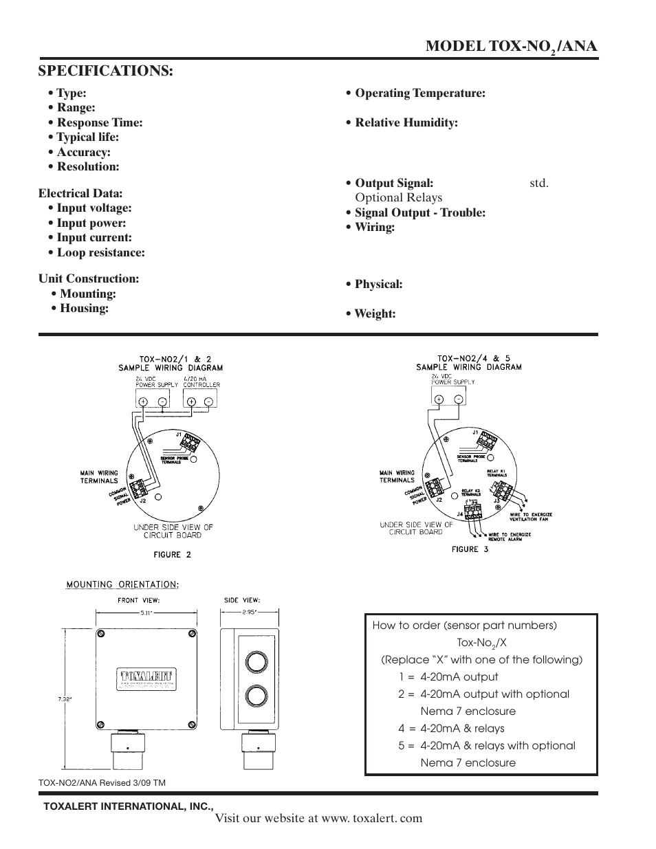 Specifications, Model tox-no | Toxalert Tox-NO2/ANA User Manual | Page 2 / 2