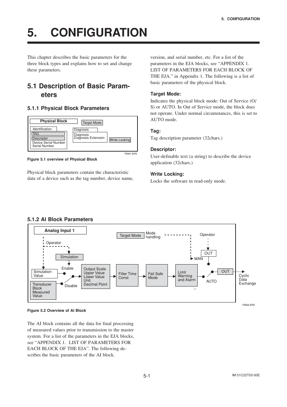 Configuration, 1 description of basic parameters, 1 physical block parameters | 2 ai block parameters, Configuration -1, Description of basic parameters -1, Physical block parameters -1, Ai block parameters -1, 1 description of basic param- eters | Yokogawa EJA115 User Manual | Page 23 / 47