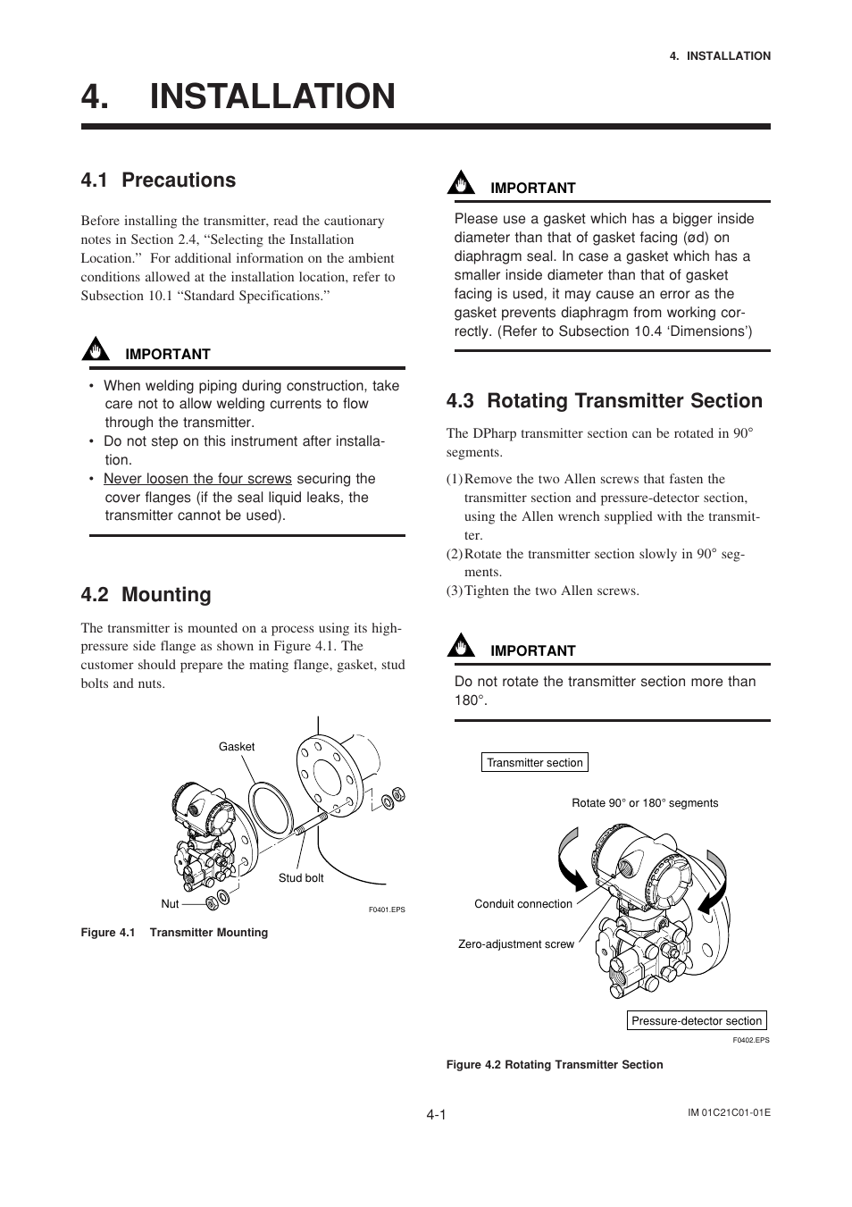 Installation, 1 precautions, 2 mounting | 3 rotating transmitter section, Installation -1, Precautions -1, Mounting -1, Rotating transmitter section -1 | Yokogawa EJA220A User Manual | Page 21 / 70