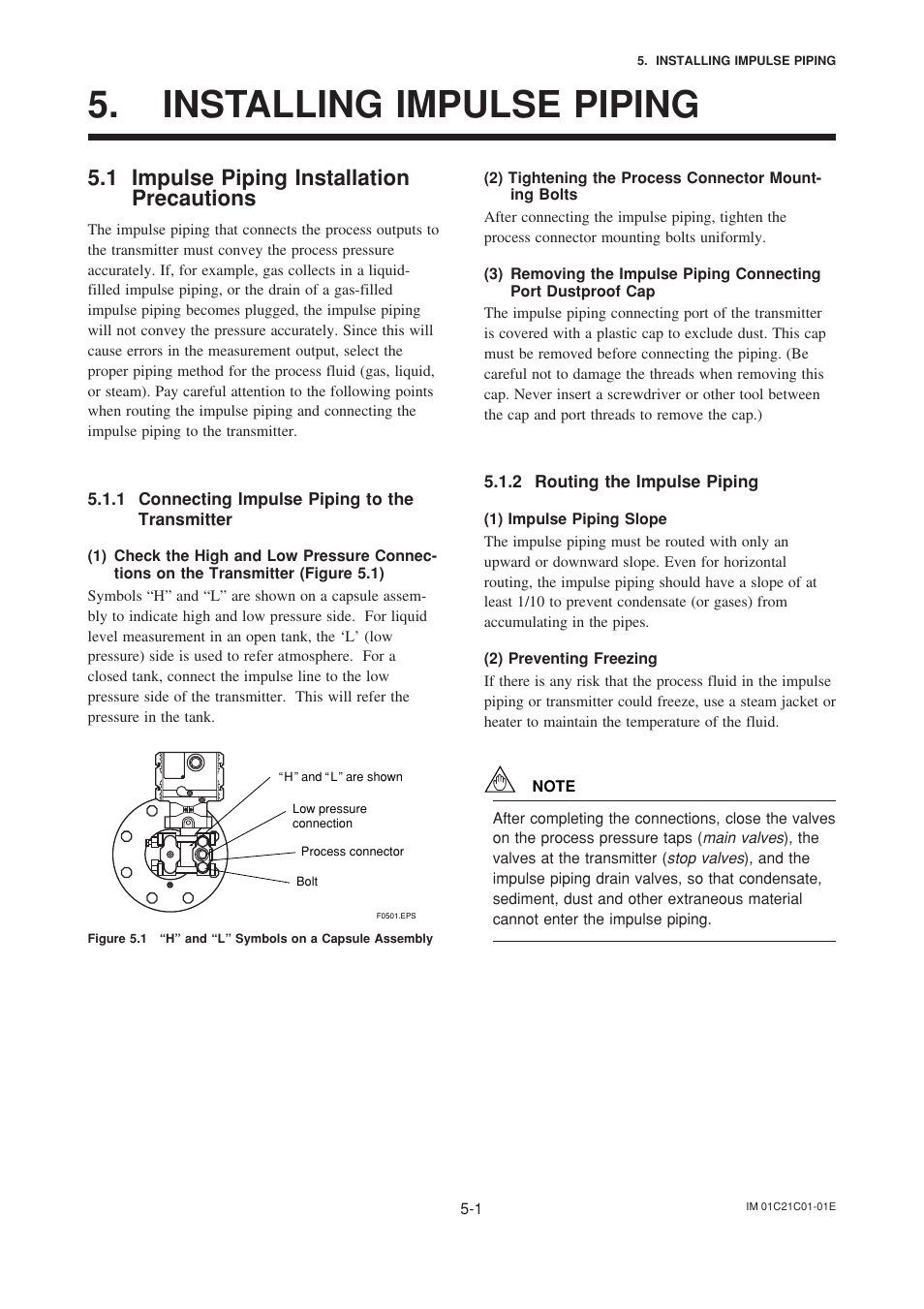 Installing impulse piping, 1 impulse piping installation precautions, 1 connecting impulse piping to the transmitter | 2 routing the impulse piping, Installing impulse piping -1, Impulse piping installation precautions -1, Connecting impulse piping to the transmitter -1, Routing the impulse piping -1 | Yokogawa EJA220A User Manual | Page 23 / 70