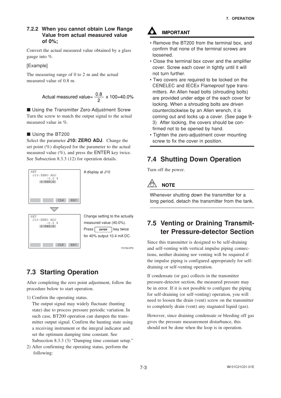 3 starting operation, 4 shutting down operation, Measured value of 0%; -3 | Starting operation -3, Shutting down operation -3 | Yokogawa EJA220A User Manual | Page 30 / 70