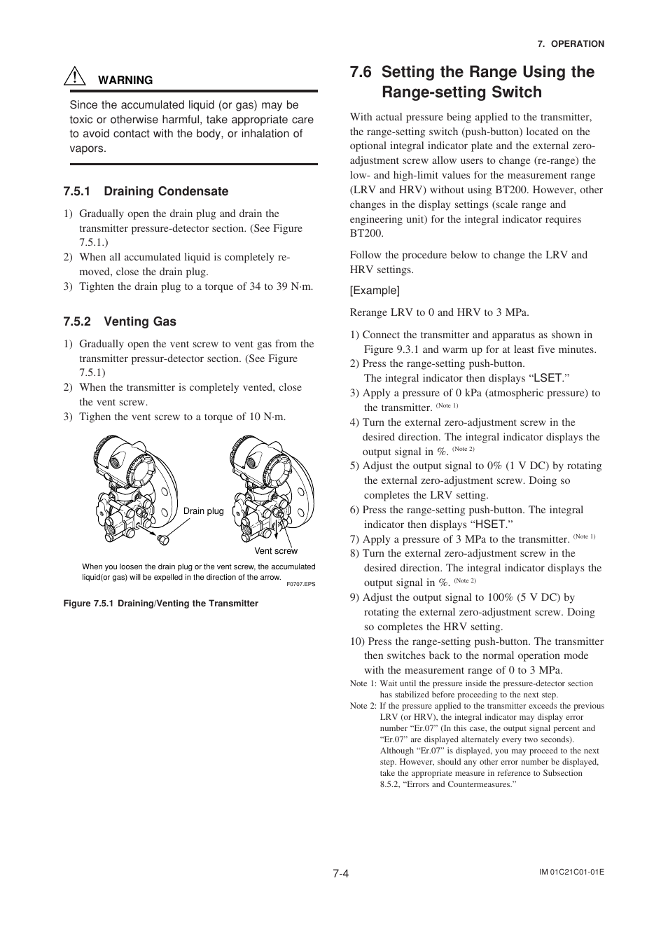 1 draining condensate, 2 venting gas, 6 setting the range using the range-setting switch | Draining condensate -4, Venting gas -4 | Yokogawa EJA220A User Manual | Page 31 / 70