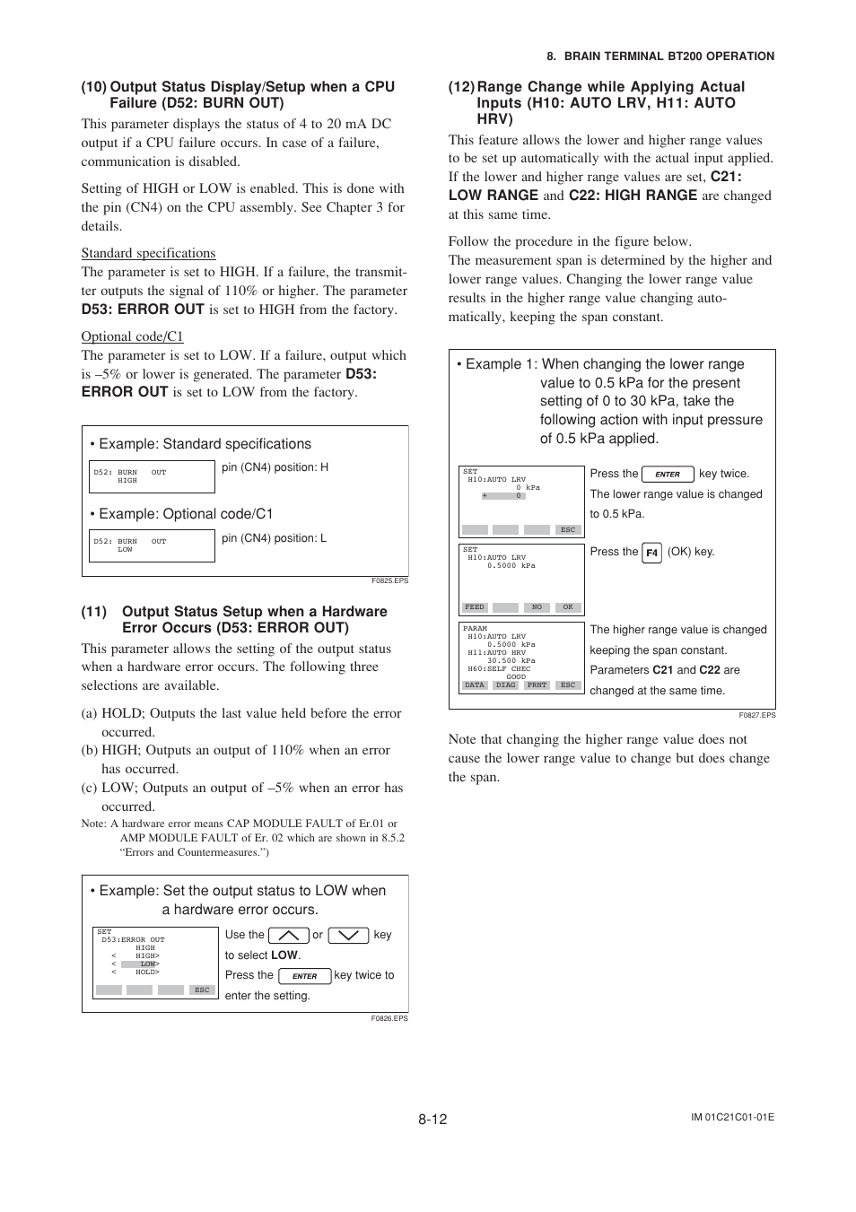 10) output status display/setup when a cpu failure, 11) output status setup when a hardware, 12) range change while applying actual inputs | Example: optional code/c1 | Yokogawa EJA220A User Manual | Page 44 / 70