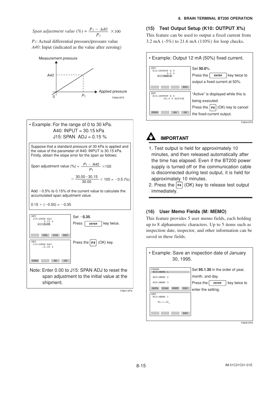 15) test output setup (k10: output x%), 16) user memo fields (m: memo), Span adjustment value (%) = p | Ϫ a40 p | Yokogawa EJA220A User Manual | Page 47 / 70