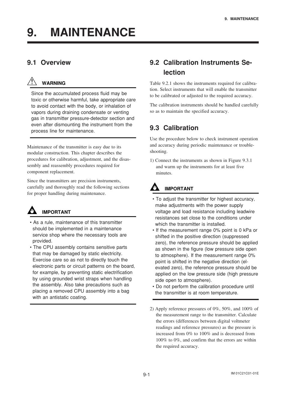 Maintenance, 1 overview, 2 calibration instruments selection | 3 calibration, Maintenance -1, Overview -1, Calibration instruments selection -1, Calibration -1, 2 calibration instruments se- lection | Yokogawa EJA220A User Manual | Page 51 / 70
