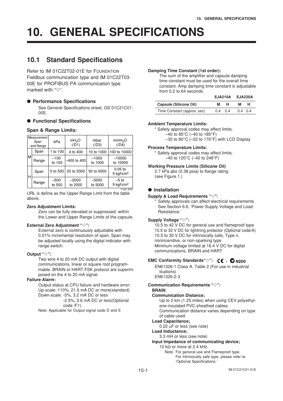 General specifications, 1 standard specifications, General specifications -1 | 1 standard specifications -1 | Yokogawa EJA220A User Manual | Page 58 / 70