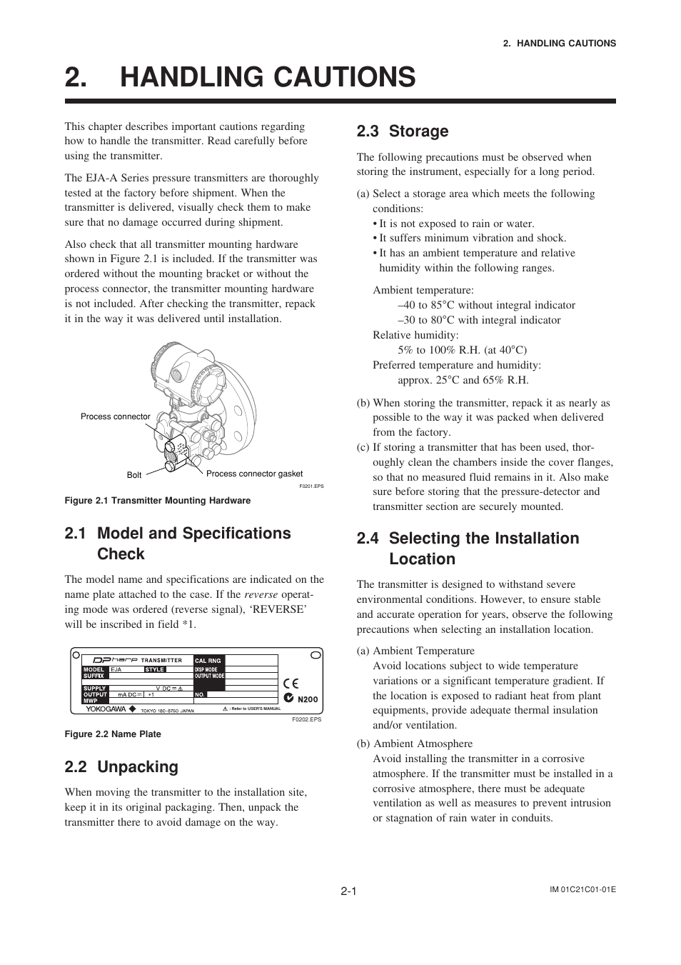 Handling cautions, 1 model and specifications check, 2 unpacking | 3 storage, 4 selecting the installation location, Handling cautions -1, Model and specifications check -1, Unpacking -1, Storage -1, Selecting the installation location -1 | Yokogawa EJA220A User Manual | Page 9 / 70