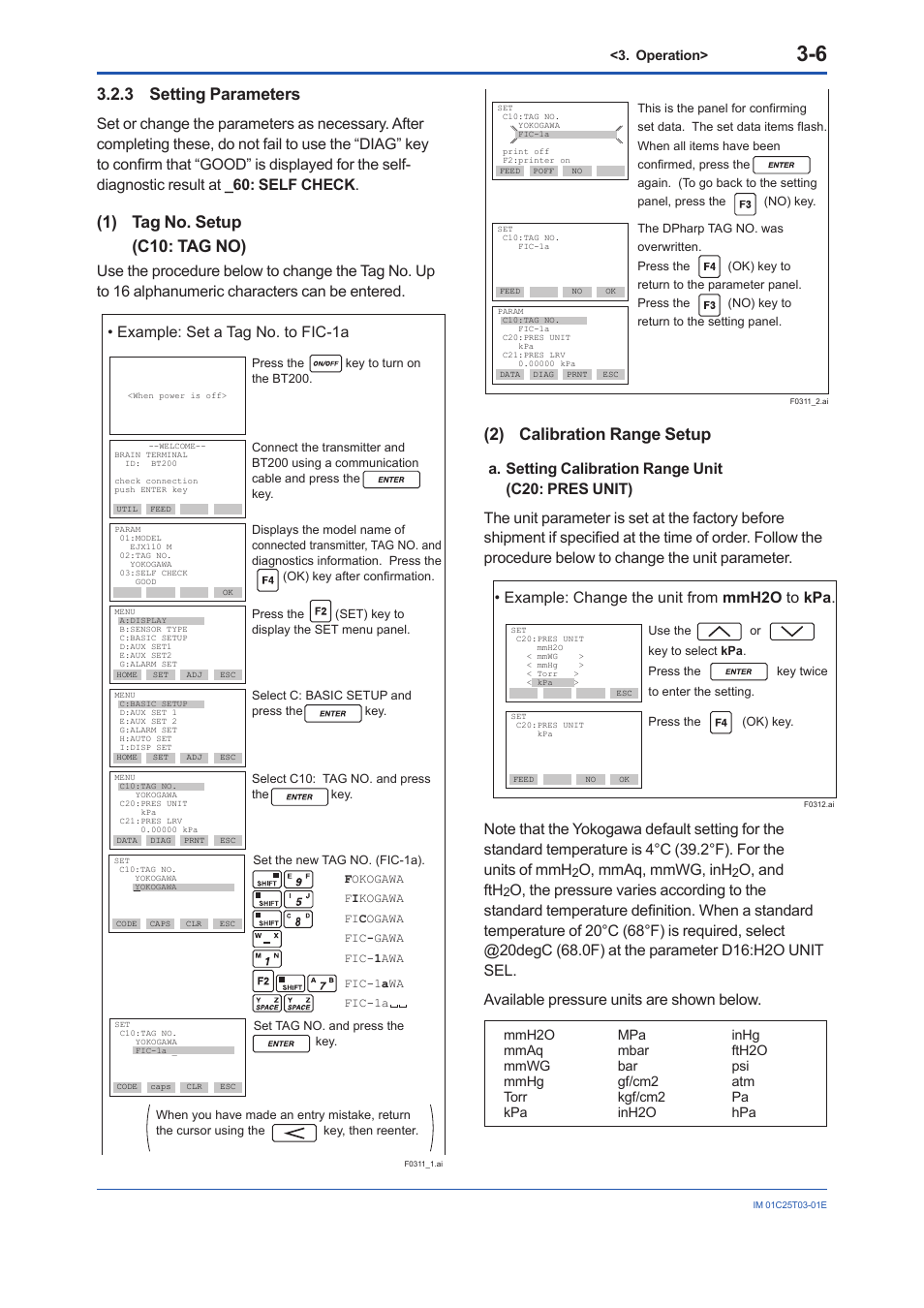 3 setting parameters, 1) tag no. setup, 2) calibration range setup | 1) tag no. setup (c10: tag no), Example: set a tag no. to fic-1a, O, mmaq, mmwg, inh, O, and fth | Yokogawa EJX115A User Manual | Page 14 / 41