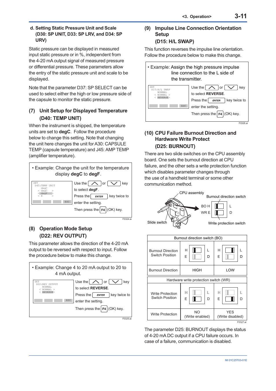 7) unit setup for displayed temperature, 8) operation mode setup, 9) impulse line connection orientation setup | 8) operation mode setup (d22: rev output) | Yokogawa EJX115A User Manual | Page 19 / 41