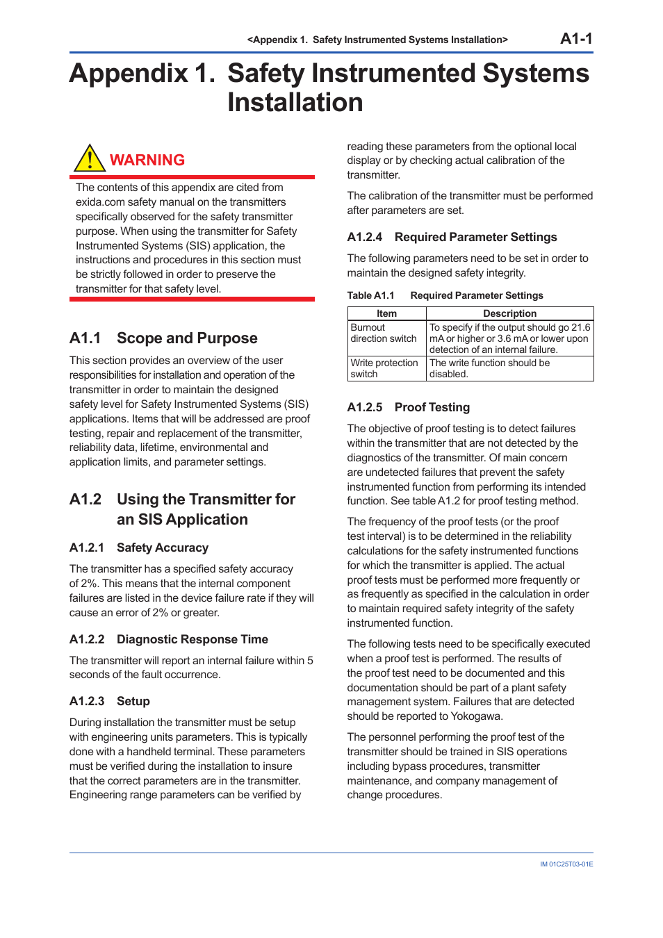 A1.1 scope and purpose, A1.2 using the transmitter for an sis application, A1.2.1 safety accuracy | A1.2.2 diagnostic response time, A1.2.3 setup, A1.2.4 required parameter settings, A1.2.5 proof testing, A1.1, A1.2, A1.2.2 | Yokogawa EJX115A User Manual | Page 38 / 41