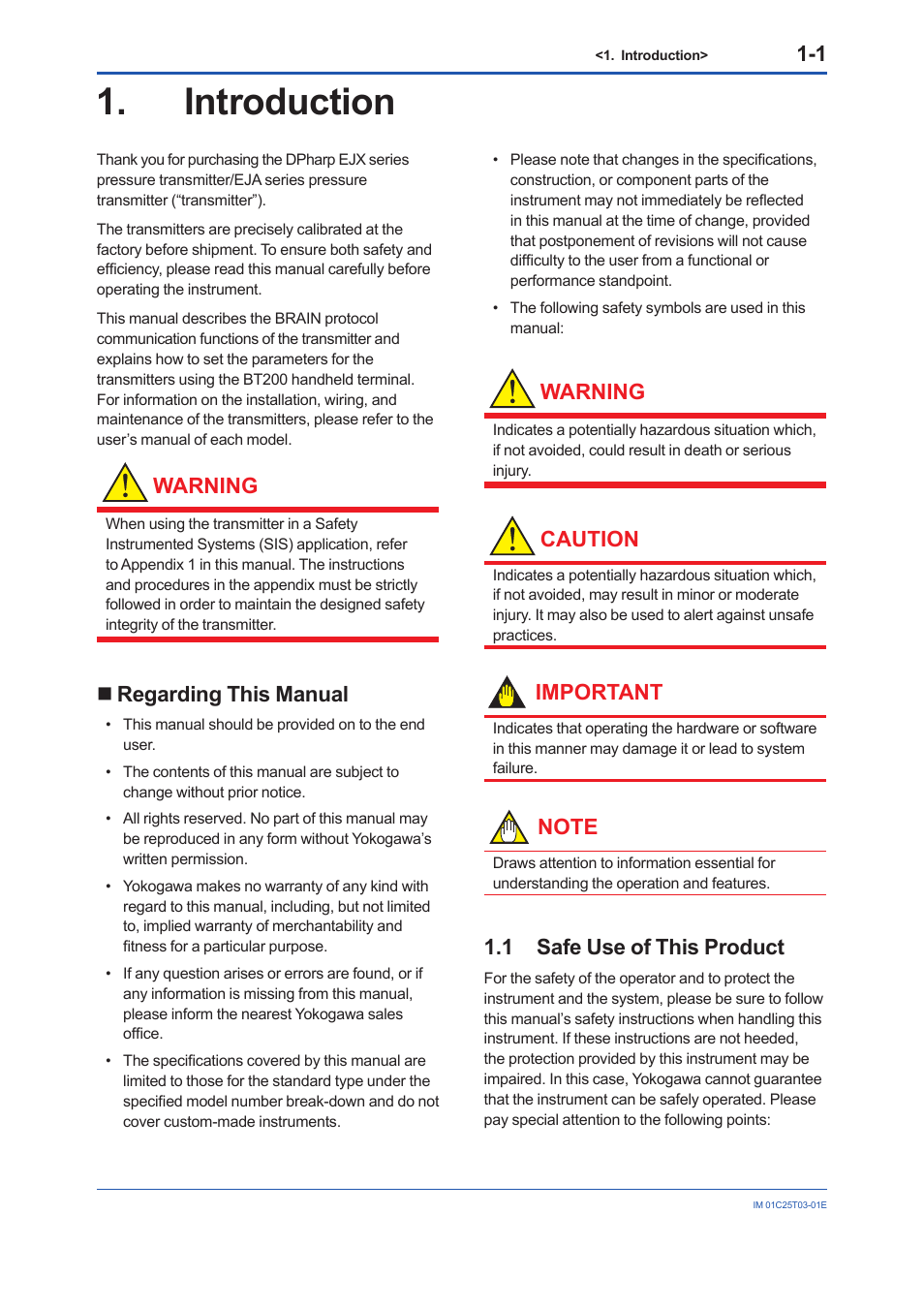 Introduction, Regarding this manual, 1 safe use of this product | Introduction -1, Regarding this manual -1, Safe use of this product -1, Warning, Caution, Important | Yokogawa EJX115A User Manual | Page 4 / 41