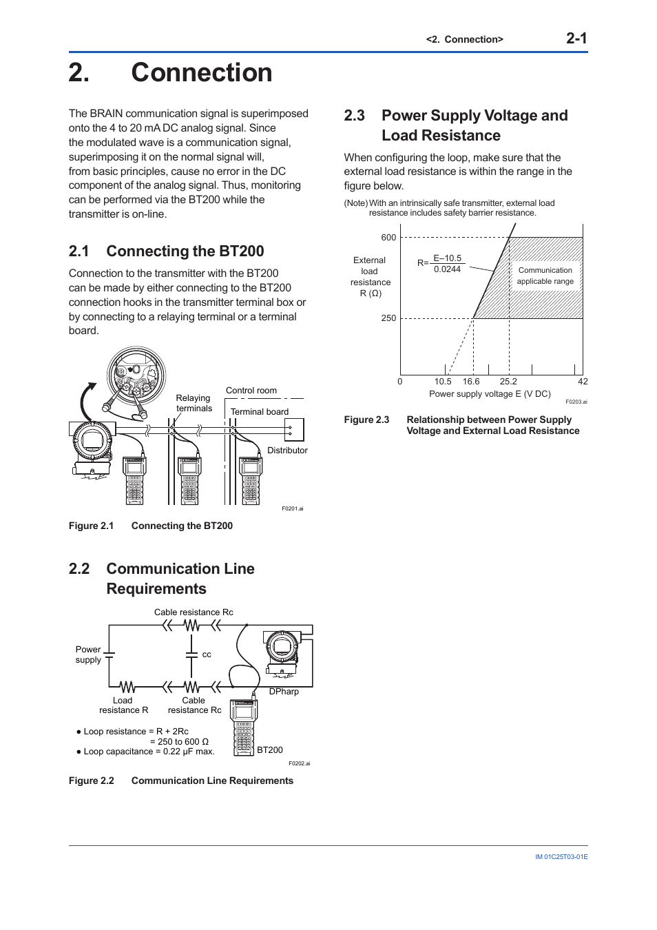 Connection, 1 connecting the bt200, 2 communication line requirements | 3 power supply voltage and load resistance, Connection -1, Connecting the bt200 -1, Communication line requirements -1, Power supply voltage and load resistance -1 | Yokogawa EJX115A User Manual | Page 7 / 41