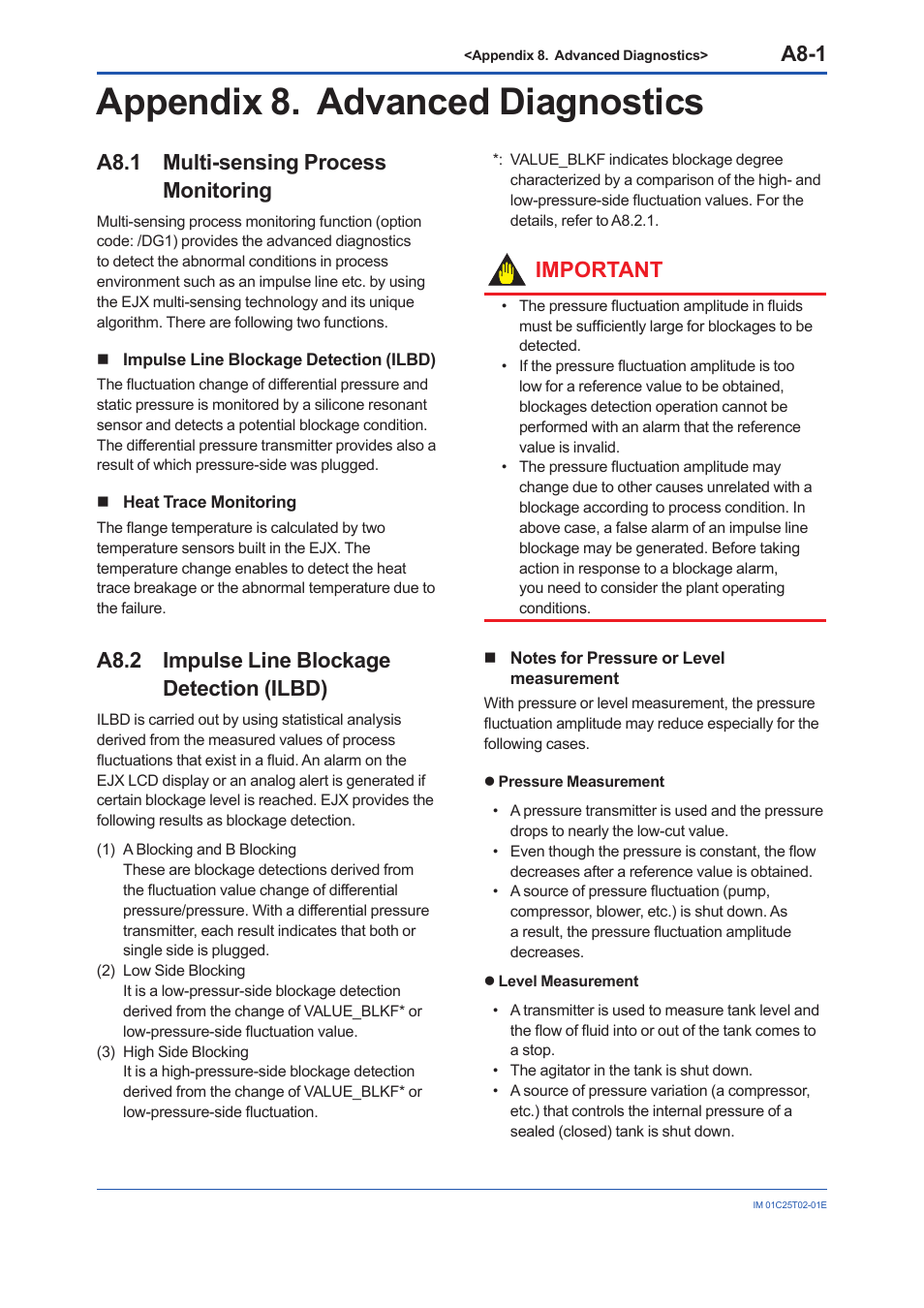 Appendix 8. advanced diagnostics, A8.1 multi-sensing process monitoring, A8.2 impulse line blockage detection (ilbd) | A8.1, A8.2, A8-1, Important | Yokogawa EJX930A User Manual | Page 145 / 170