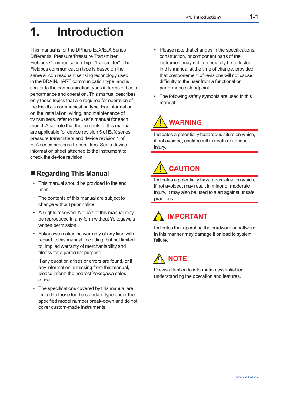 Introduction, Regarding this manual, Introduction -1 | Regarding this manual -1, Warning, Caution, Important | Yokogawa EJX930A User Manual | Page 8 / 170