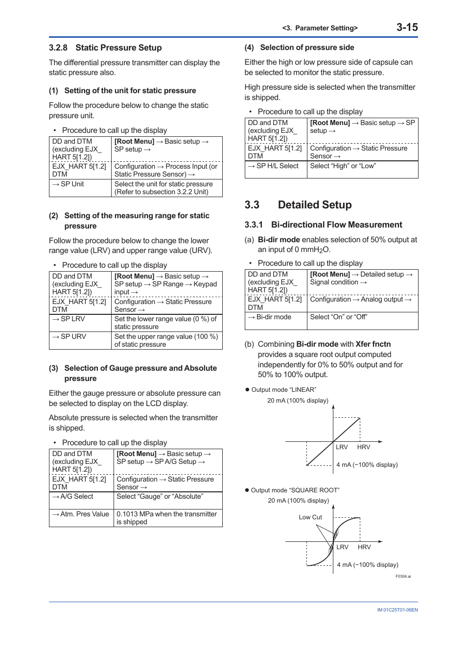 8 static pressure setup, 3 detailed setup, 1 bi-directional flow measurement | Static pressure setup -15, Detailed setup -15 3.3.1, Bi-directional flow measurement -15 | Yokogawa EJX115A User Manual | Page 28 / 96