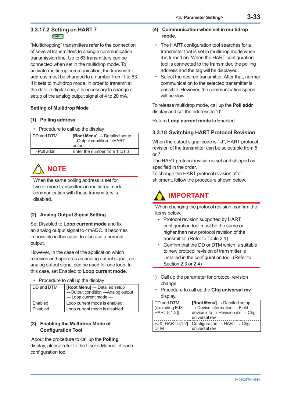 2 setting on hart 7, 18 switching hart protocol revision, 2 setting on hart 7 -33 | Switching hart protocol revision -33, Important | Yokogawa EJX115A User Manual | Page 46 / 96