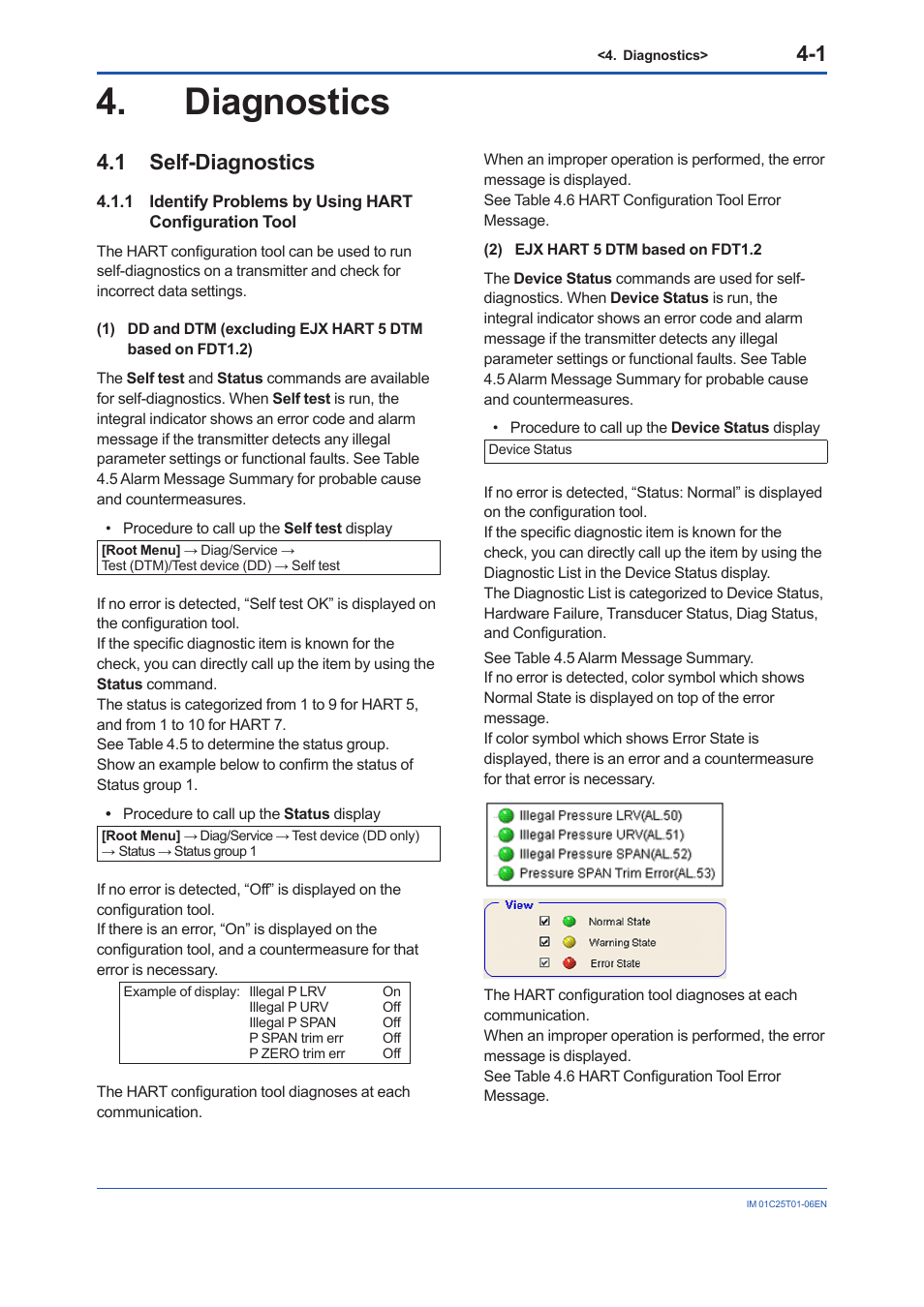 Diagnostics, 1 self-diagnostics, Diagnostics -1 | Self-diagnostics -1 4.1.1 | Yokogawa EJX115A User Manual | Page 48 / 96