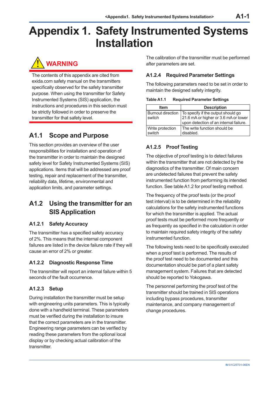 A1.1 scope and purpose, A1.2 using the transmitter for an sis application, A1.2.1 safety accuracy | A1.2.2 diagnostic response time, A1.2.3 setup, A1.2.4 required parameter settings, A1.2.5 proof testing, A1.1, A1.2, A1.2.2 | Yokogawa EJX115A User Manual | Page 88 / 96
