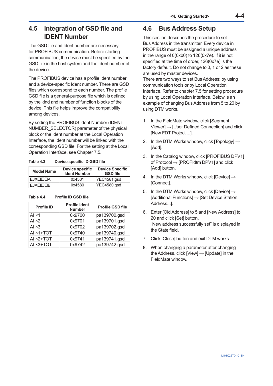 5 integration of gsd file and ident number, 6 bus address setup, Integration of gsd file and ident number -4 | Bus address setup -4 | Yokogawa EJX115A User Manual | Page 20 / 89