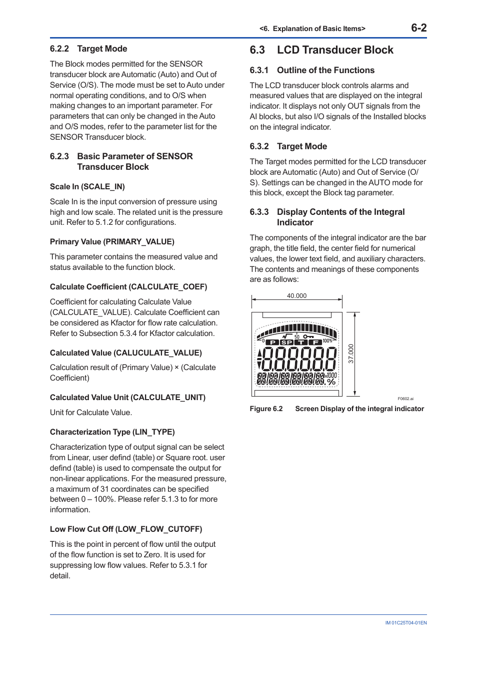 2 target mode, 3 basic parameter of sensor transducer block, 3 lcd transducer block | 1 outline of the functions, 3 display contents of the integral indicator, Target mode -2, Basic parameter of sensor transducer block -2, Lcd transducer block -2 6.3.1, Outline of the functions -2, Display contents of the integral indicator -2 | Yokogawa EJX115A User Manual | Page 35 / 89