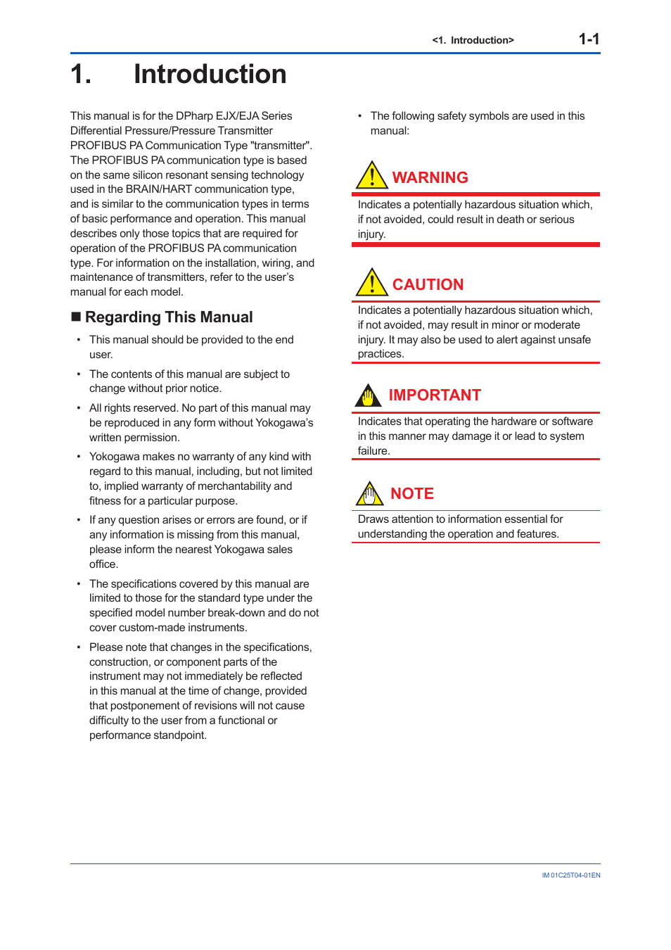 Introduction, Introduction -1, Regarding this manual | Warning, Caution, Important | Yokogawa EJX115A User Manual | Page 5 / 89