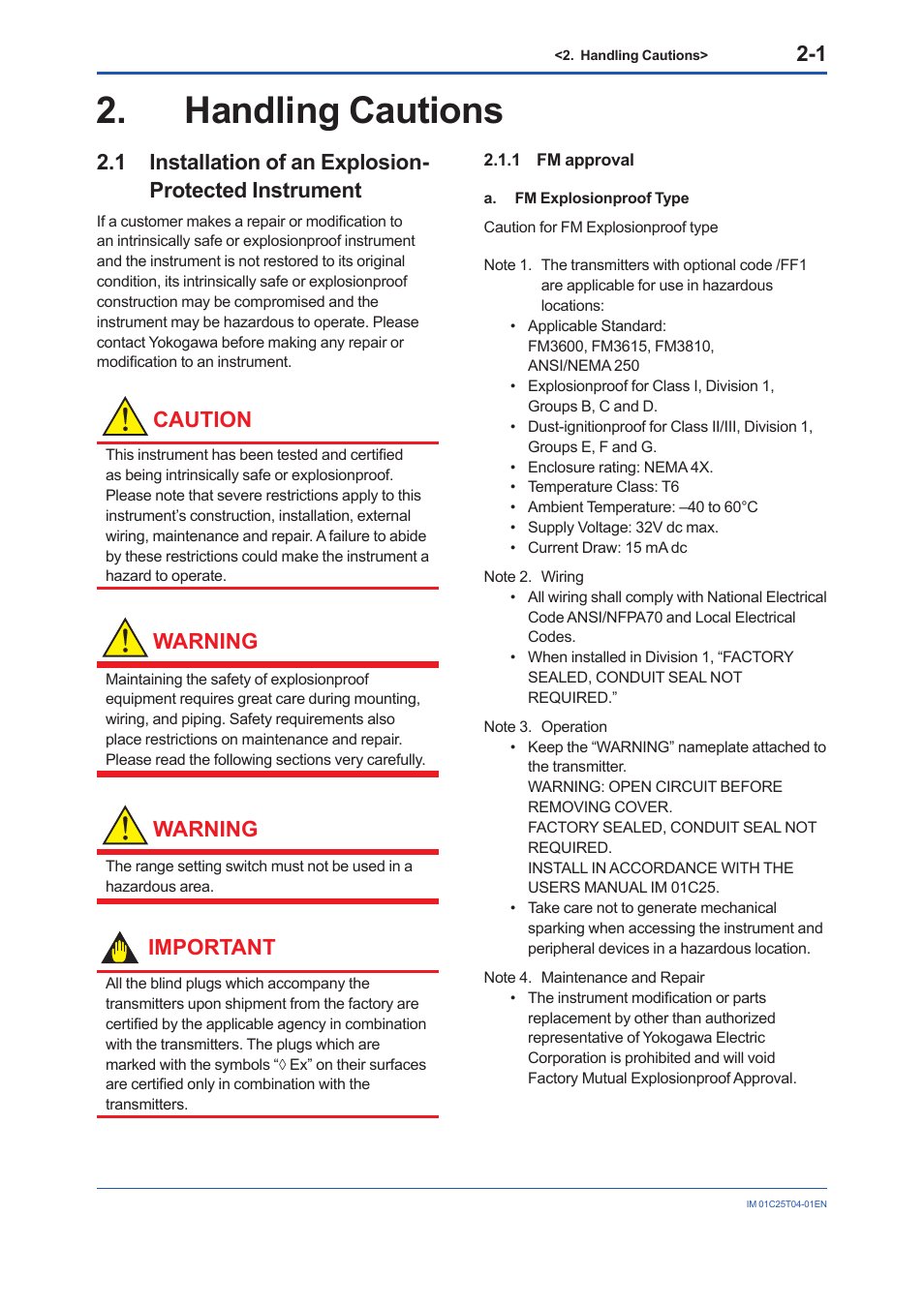 Handling cautions, 1 fm approval, Handling cautions -1 | Fm approval -1, Caution, Warning, Important | Yokogawa EJX115A User Manual | Page 9 / 89