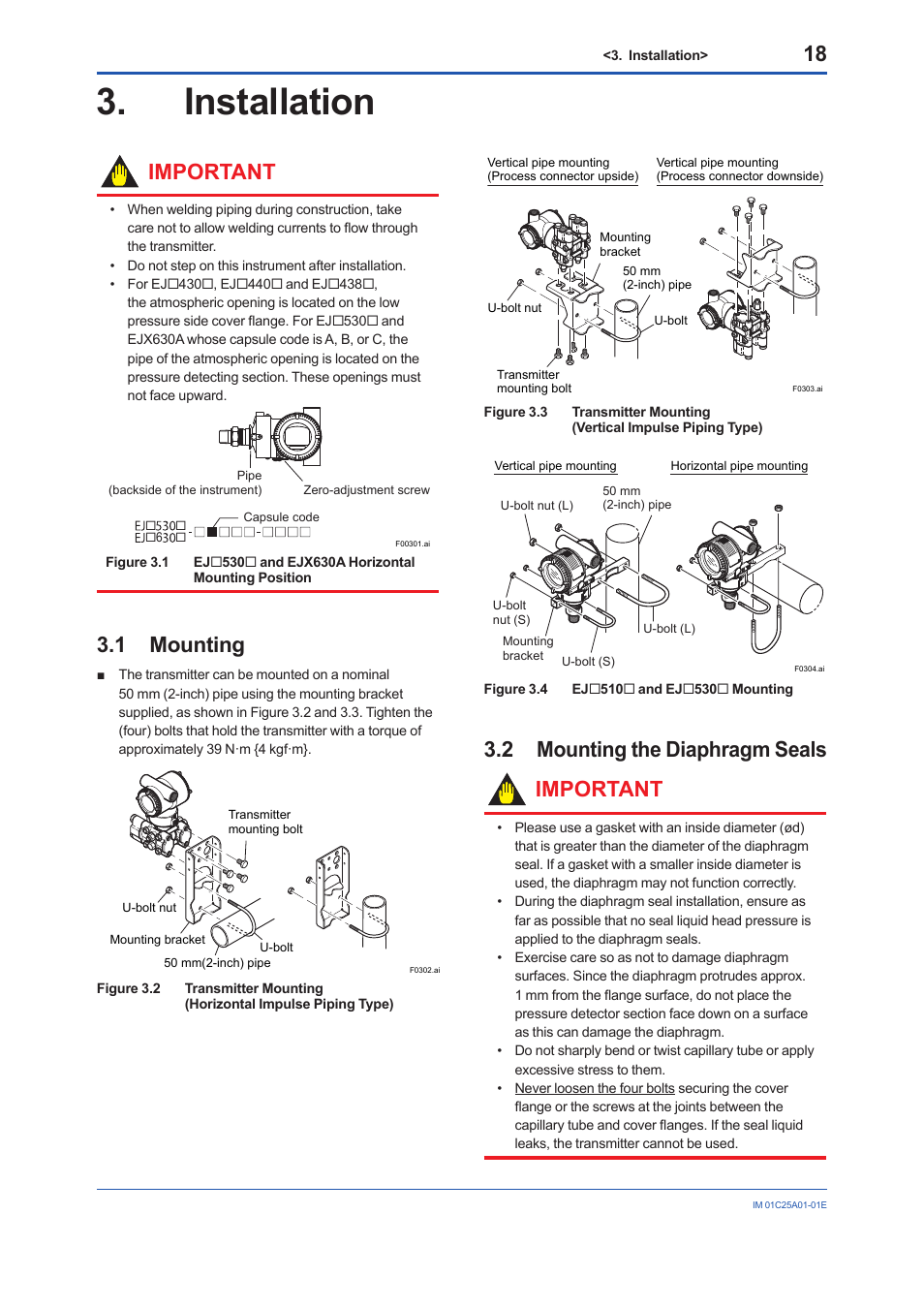 Installation, 1 mounting, 2 mounting the diaphragm seals | Mounting, Mounting the diaphragm seals, Important, 2 mounting the diaphragm seals important | Yokogawa EJX115A User Manual | Page 20 / 52