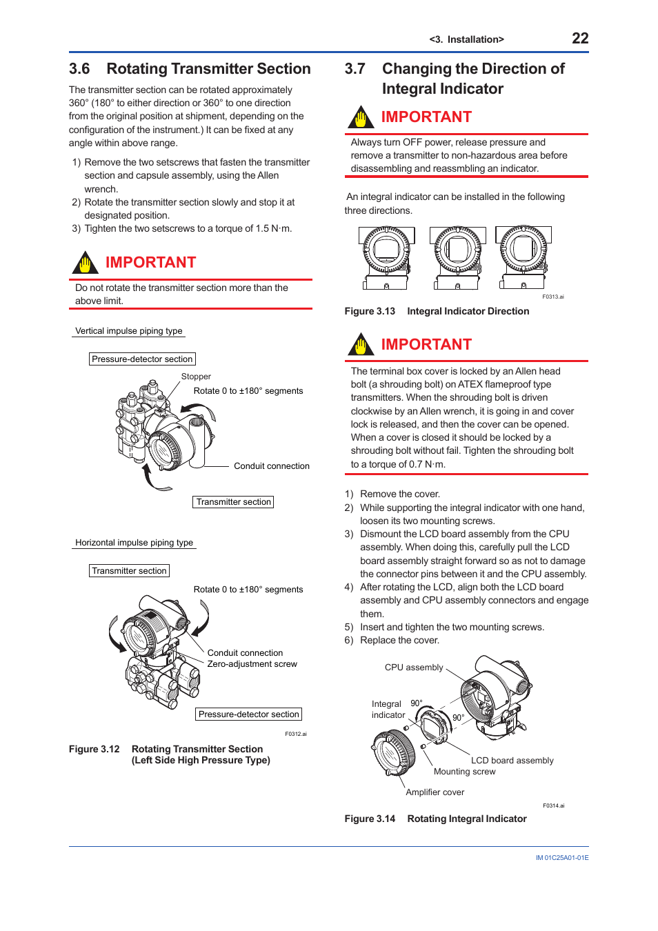 6 rotating transmitter section, 7 changing the direction of integral indicator, Rotating transmitter section | Changing the direction of integral indicator, Important | Yokogawa EJX115A User Manual | Page 24 / 52