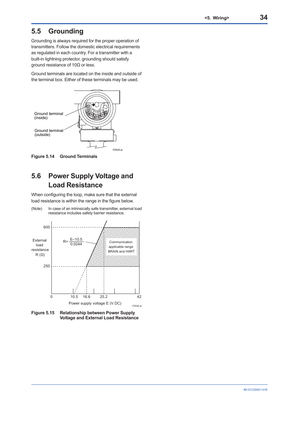 5 grounding, 6 power supply voltage and load resistance, Grounding | Power supply voltage and load resistance | Yokogawa EJX115A User Manual | Page 36 / 52