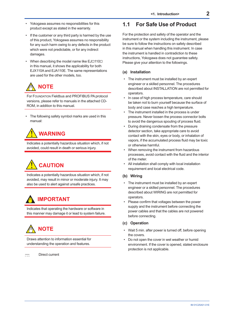 1 for safe use of product, For safe use of product, Warning | Caution, Important | Yokogawa EJX115A User Manual | Page 4 / 52