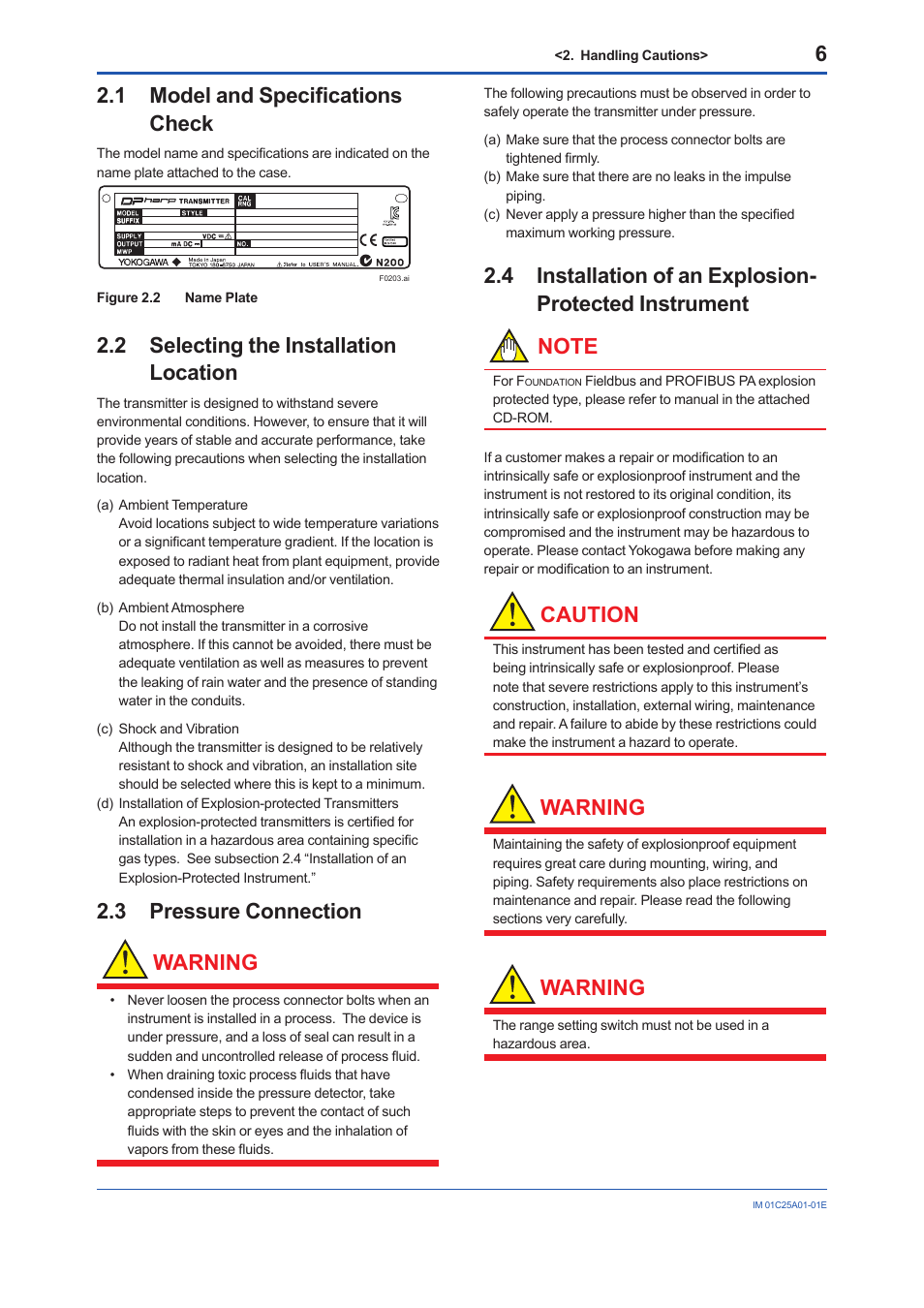 1 model and specifications check, 2 selecting the installation location, 3 pressure connection | Model and specifications check, Selecting the installation location, Pressure connection, Installation of an explosion-protected instrument, 3 pressure connection warning, Caution, Warning | Yokogawa EJX115A User Manual | Page 8 / 52