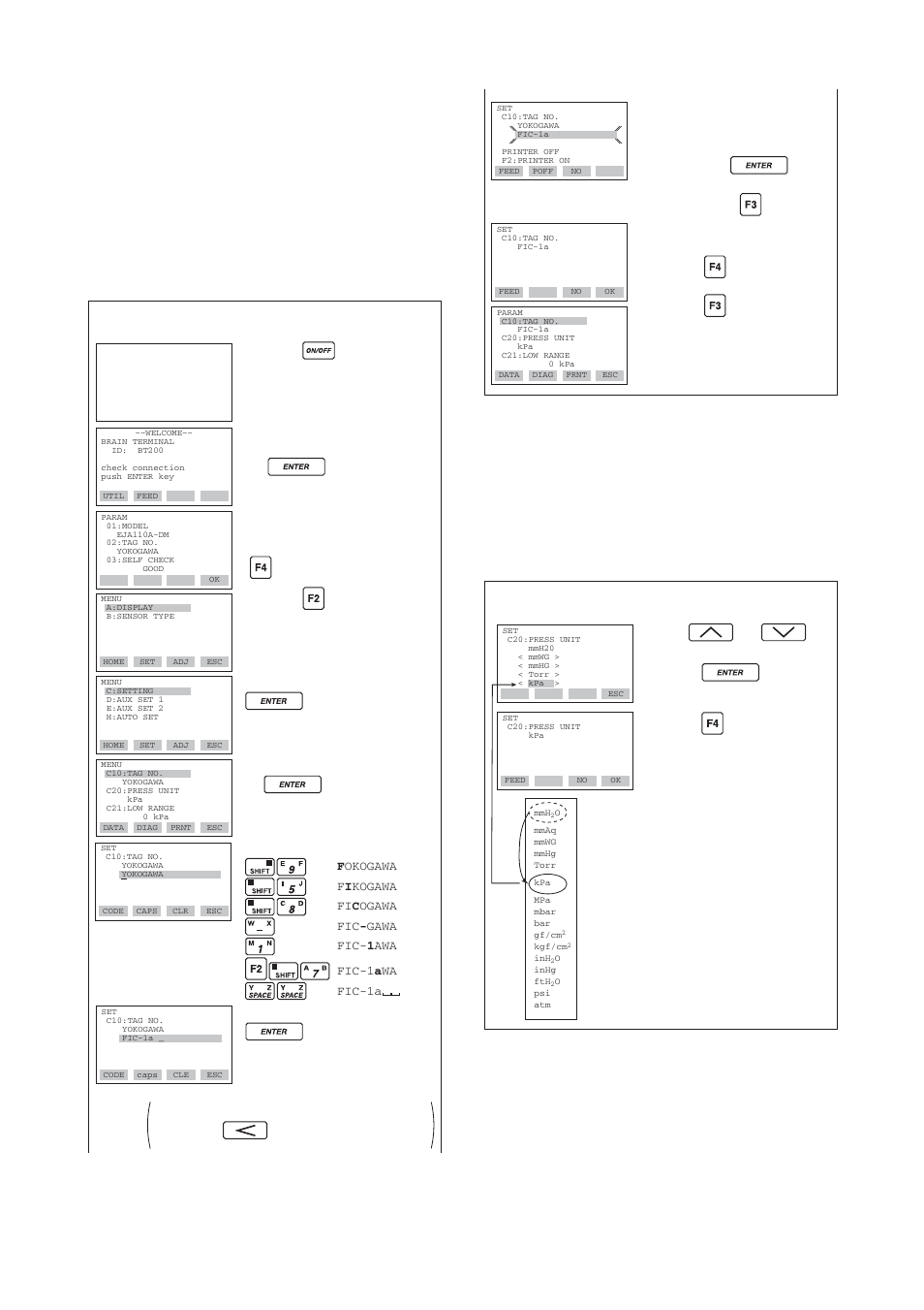 3 setting parameters, 1) tag no. setup, 2) calibration range setup | Setting parameters -7, Tag no. setup -7, Calibration range setup -7, Example: set a tag no. to fic-1a, Example: change the unit from mmh, O to kpa | Yokogawa EJA110A User Manual | Page 44 / 83