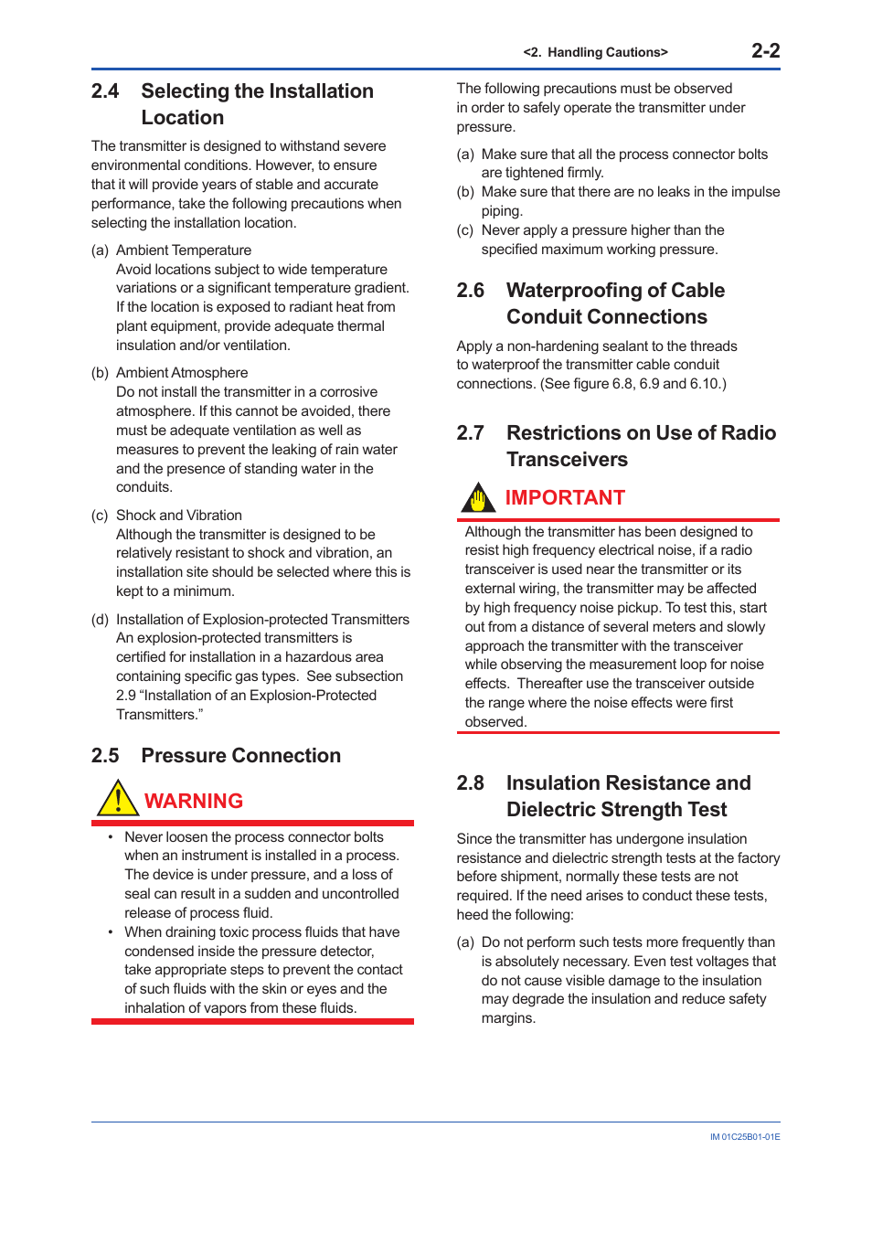 4 selecting the installation location, 5 pressure connection, 6 waterproofing of cable conduit connections | 7 restrictions on use of radio transceivers, Selecting the installation location -2, Pressure connection -2, Waterproofing of cable conduit connections -2, Restrictions on use of radio transceivers -2, 5 pressure connection warning | Yokogawa EJA110E User Manual | Page 10 / 85