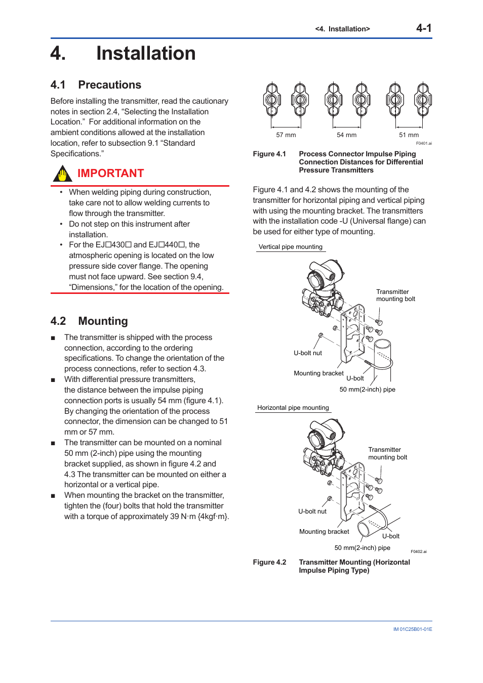 Installation, 1 precautions, 2 mounting | Installation -1, Precautions -1, Mounting -1, Important | Yokogawa EJA110E User Manual | Page 23 / 85