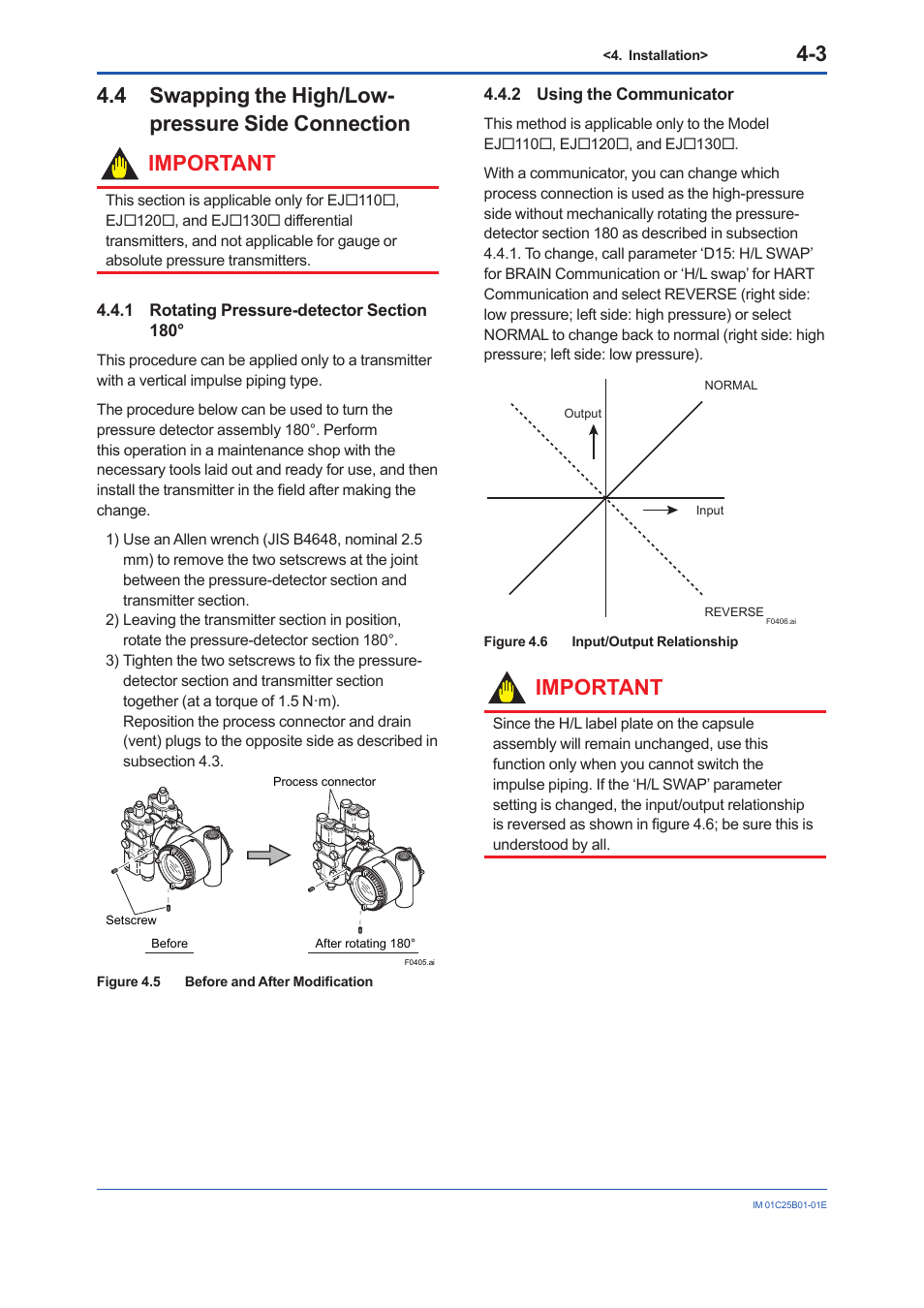 4 swapping the high/low-pressure side connection, 1 rotating pressure-detector section 180, 2 using the communicator | Rotating pressure-detector section 180° -3, Using the communicator -3, Important | Yokogawa EJA110E User Manual | Page 25 / 85