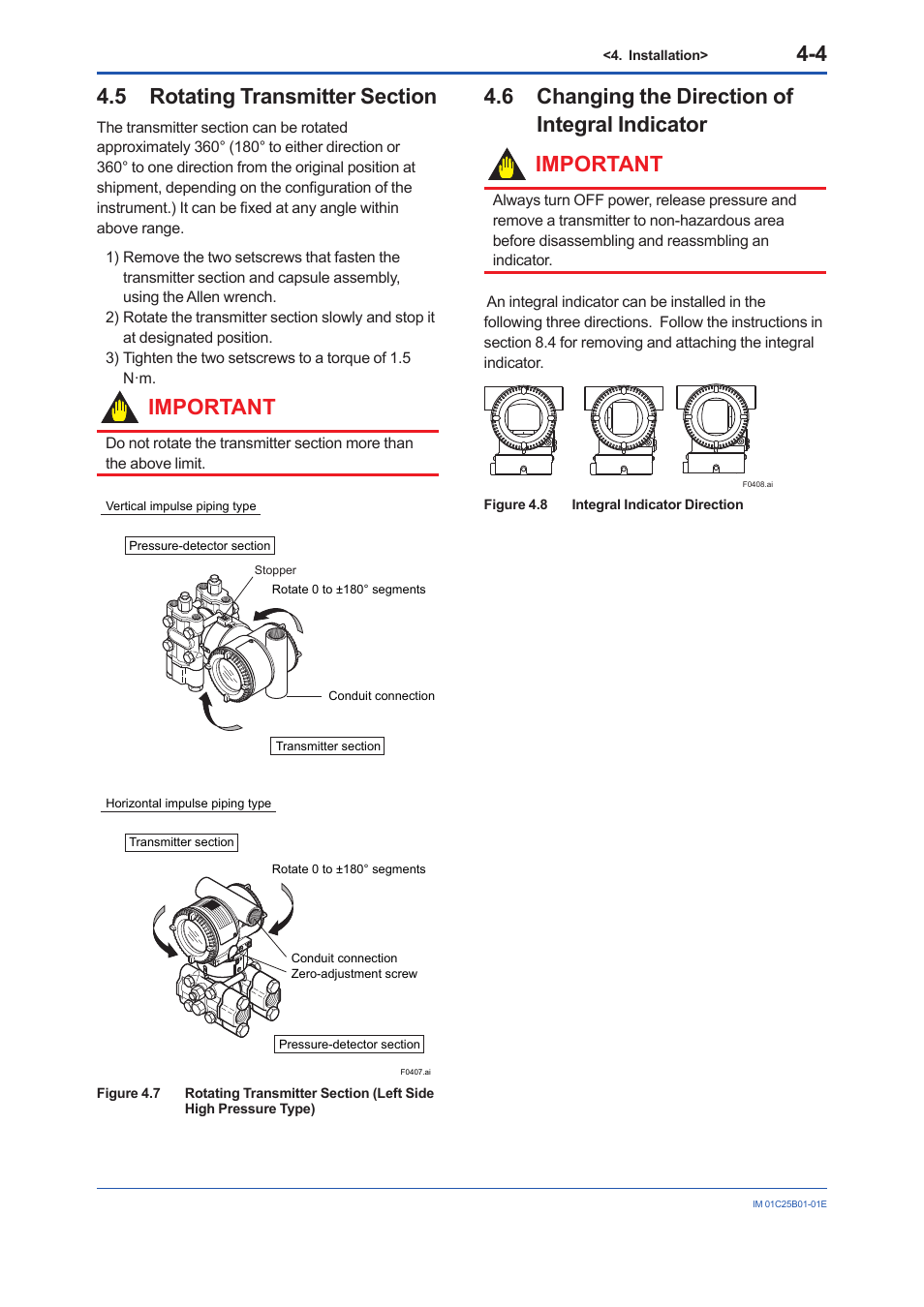 5 rotating transmitter section, 6 changing the direction of integral indicator, Rotating transmitter section -4 | Changing the direction of integral indicator -4, Important | Yokogawa EJA110E User Manual | Page 26 / 85