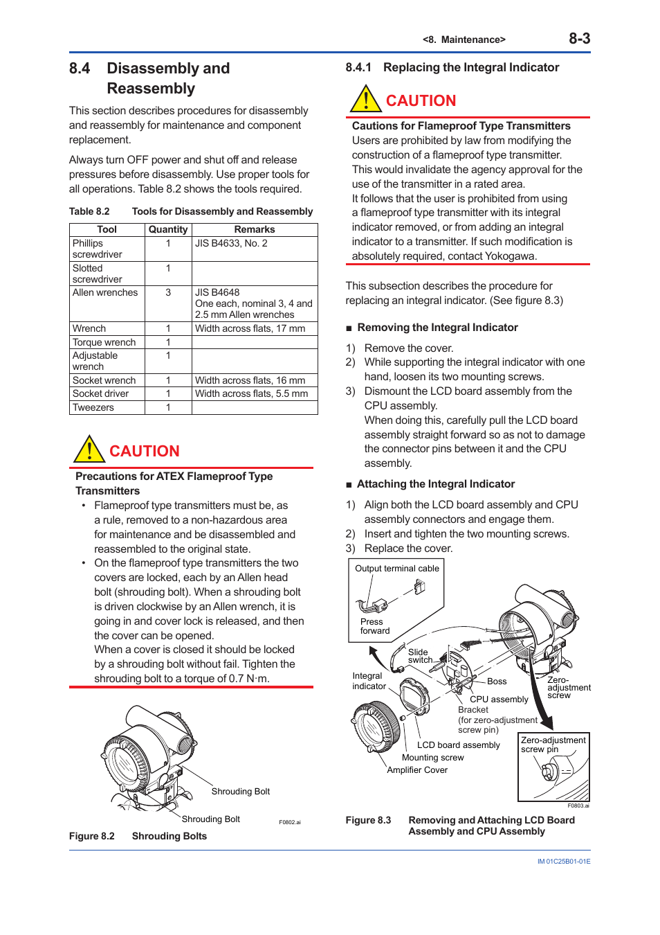 4 disassembly and reassembly, 1 replacing the integral indicator, Disassembly and reassembly -3 8.4.1 | Replacing the integral indicator -3, Caution | Yokogawa EJA110E User Manual | Page 42 / 85