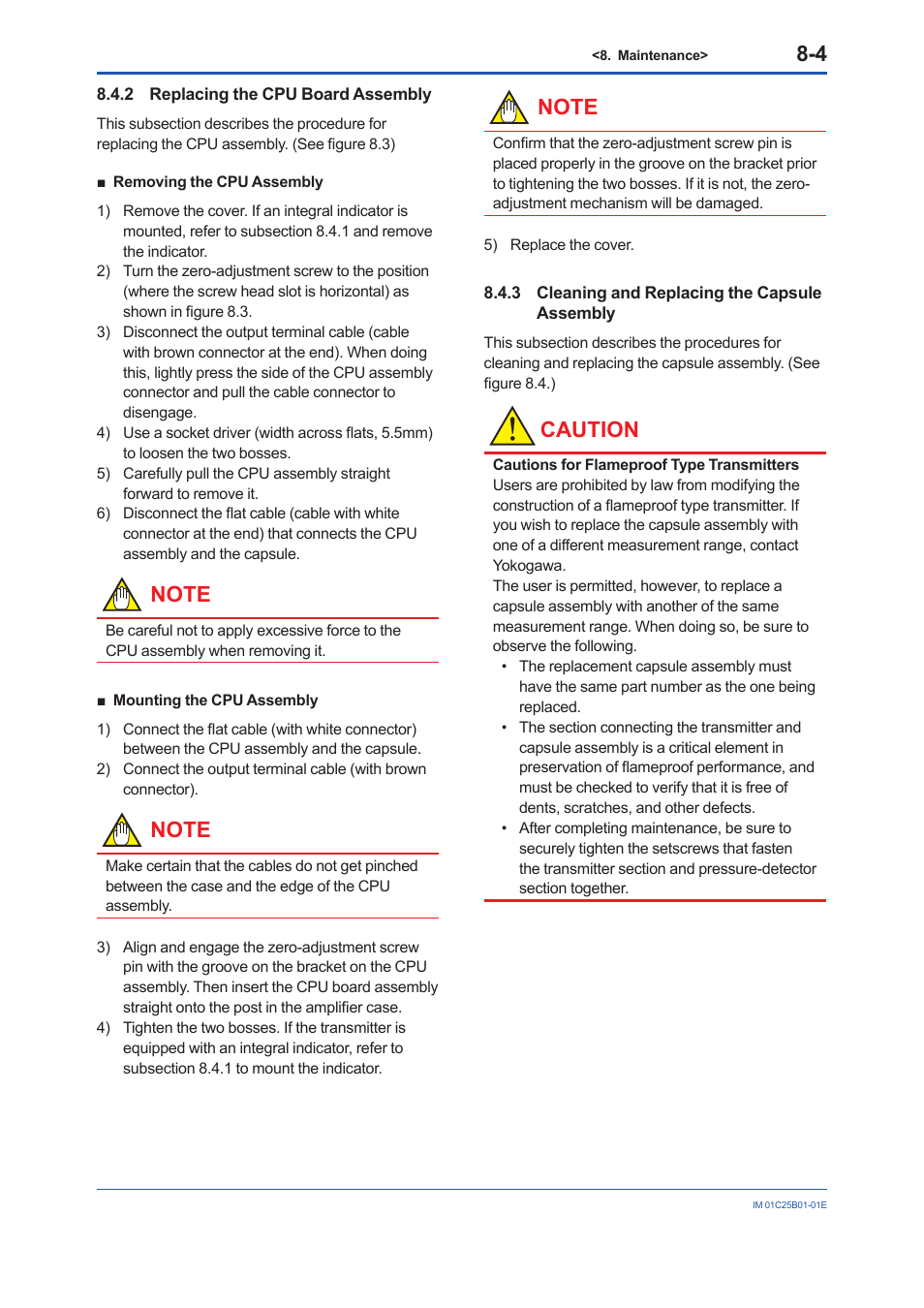 2 replacing the cpu board assembly, 3 cleaning and replacing the capsule assembly, Replacing the cpu board assembly -4 | Cleaning and replacing the capsule assembly -4, Caution | Yokogawa EJA110E User Manual | Page 43 / 85