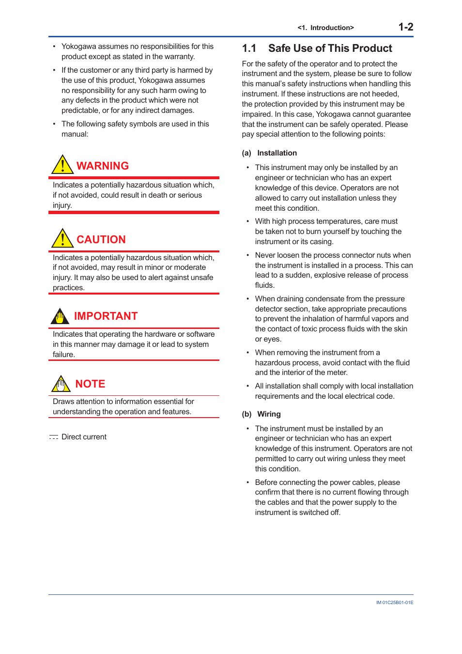 1 safe use of this product, Safe use of this product -2, Warning | Caution, Important | Yokogawa EJA110E User Manual | Page 6 / 85