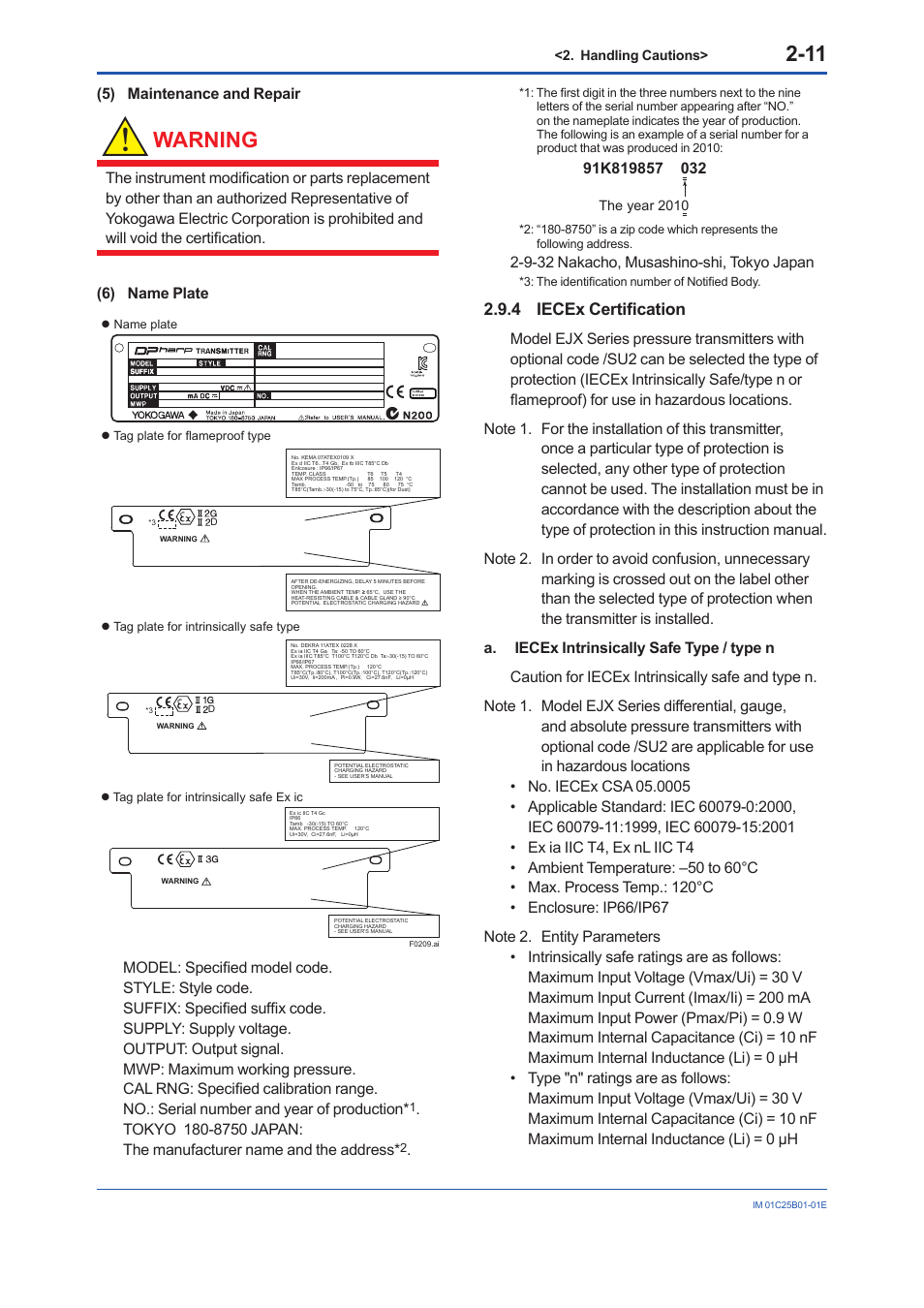 4 iecex certification, Iecex certification -11, Warning | 5) maintenance and repair, 9-32 nakacho, musashino-shi, tokyo japan | Yokogawa EJX110A User Manual | Page 19 / 85