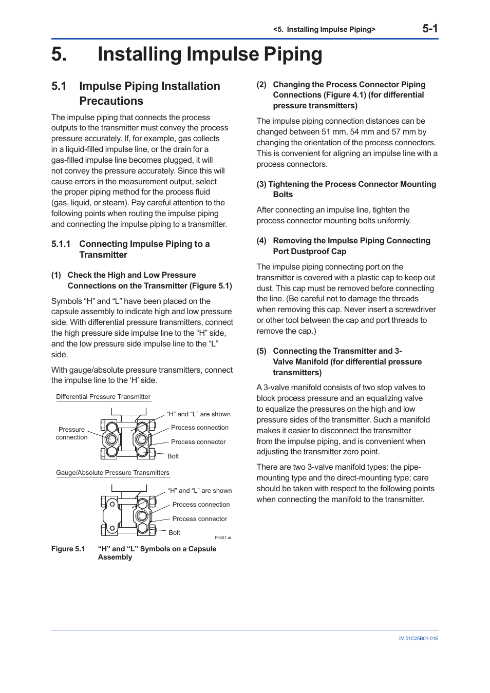 Installing impulse piping, 1 impulse piping installation precautions, 1 connecting impulse piping to a transmitter | Installing impulse piping -1, Impulse piping installation precautions -1 5.1.1, Connecting impulse piping to a transmitter -1 | Yokogawa EJX110A User Manual | Page 27 / 85
