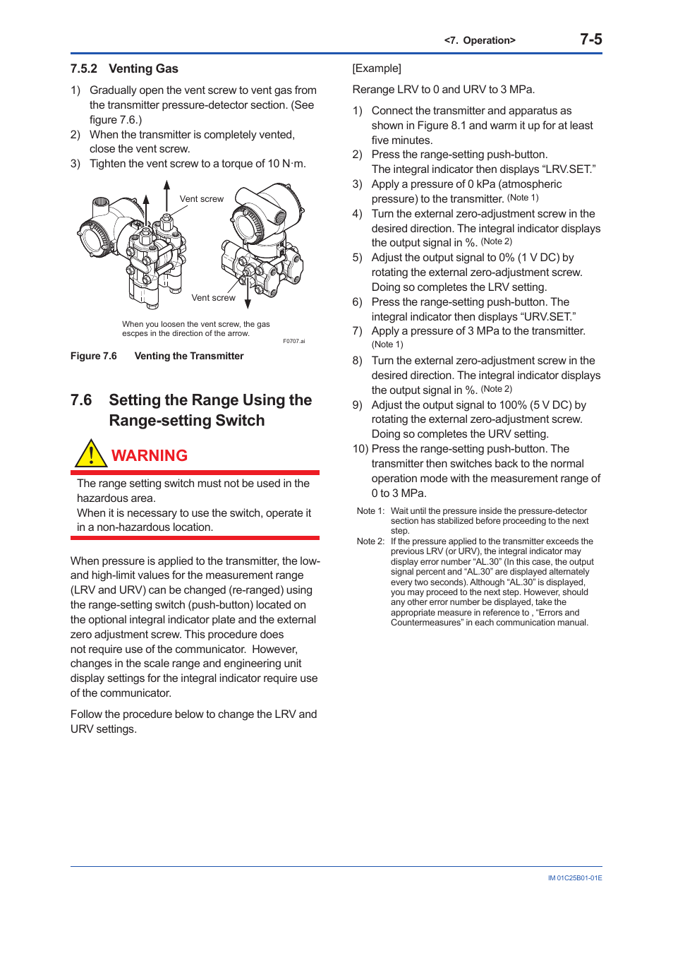2 venting gas, 6 setting the range using the range-setting switch, Venting gas -5 | Yokogawa EJX110A User Manual | Page 38 / 85