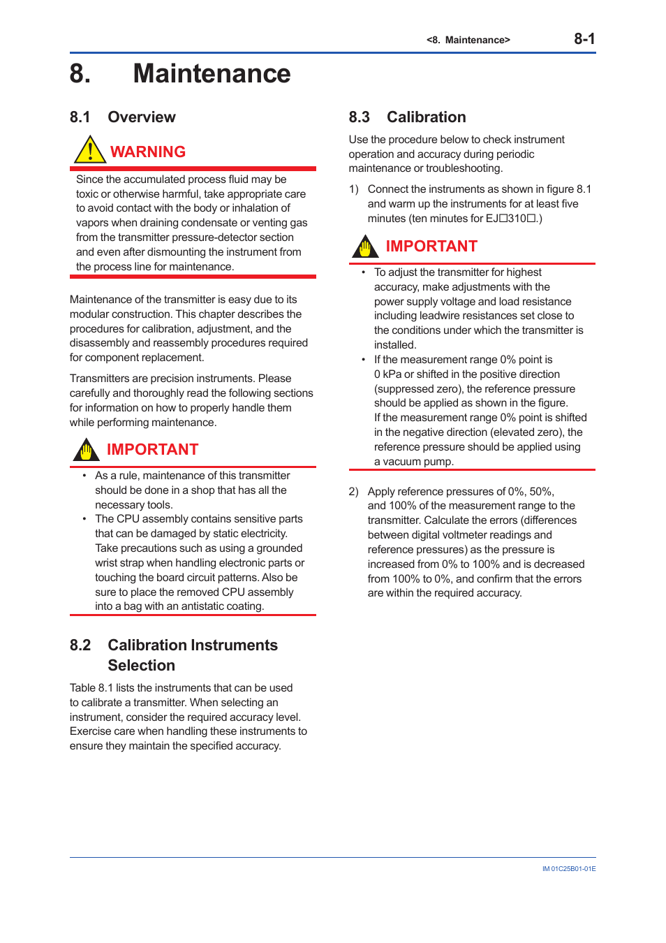 Maintenance, 1 overview, 2 calibration instruments selection | 3 calibration, Maintenance -1, Overview -1, Calibration instruments selection -1, Calibration -1, 1 overview warning, Important | Yokogawa EJX110A User Manual | Page 40 / 85