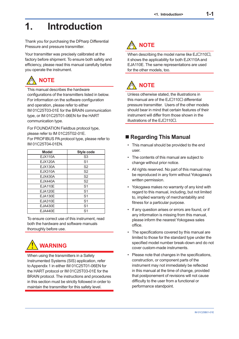 Introduction, Regarding this manual, Introduction -1 | Regarding this manual -1, Warning | Yokogawa EJX110A User Manual | Page 5 / 85
